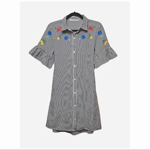 GIVEN KALE | COTTON STRIPED RUFFLE FLORAL EMBROIDERED MINI DRESS